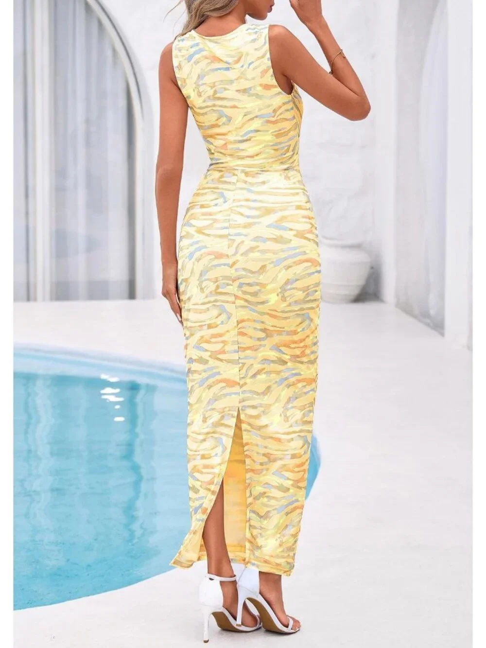 Women Floral Yellow  Polyester Elastane Mesh Sleeveless Bodycon Long Maxi Dress